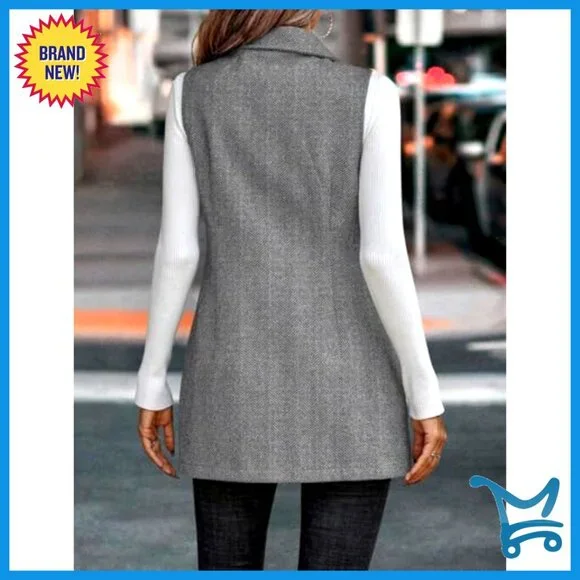 Sleeveless Tweed Vest Blazer, Wool Blend, Double Breasted, Business Casual - Picture 2 of 5